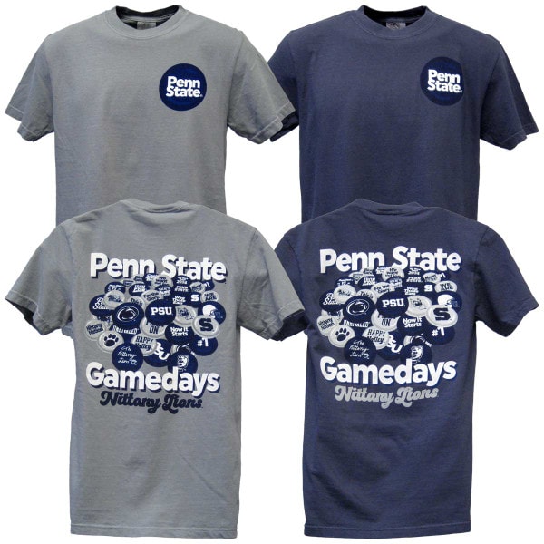 gray and navy short sleeve t-shirts Penn State Gamedays buttons